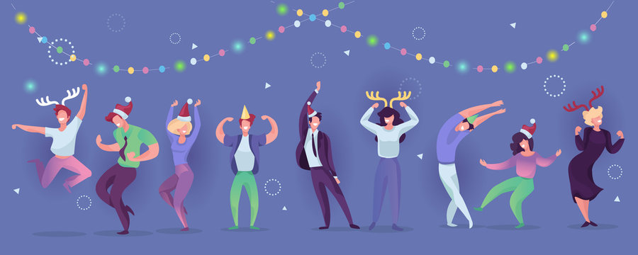 Happy business people at a Christmas and New Year's corporate party. Positive men and women with champagne dancing and having fun. Set of modern vector characters.
