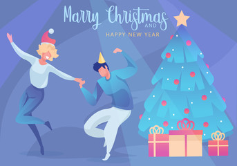 Obraz na płótnie Canvas Happy people at a Christmas and New Year's party. Сouple dancing Positive men and women with champagne dancing and having fun. Set of modern vector characters.