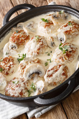 meatballs with mushrooms in a creamy sauce with herbs and garlic close-up in a pan. vertical