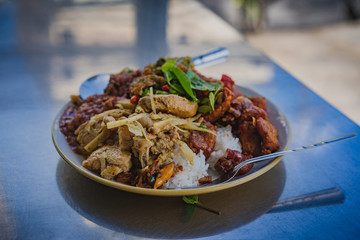 Spicy Southern Thai style ,a stir chicken bamboo shoot and cha Om Egg with shrimp paste sauce over stream rice.