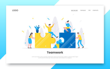 Obraz na płótnie Canvas Business internet landing page concept template. Creative business people with big jigsaw puzzle pieces. Teamwork, time management concept flat style design vector illustration isolated on background.