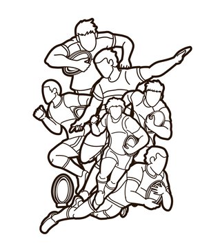 Rugby players action cartoon sport graphic vector