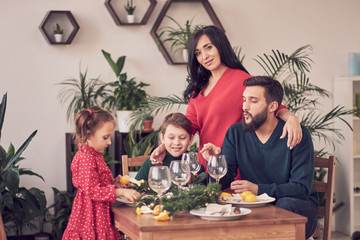 Family Together Christmas Celebration Concept. Family Enjoying christmas dinner background