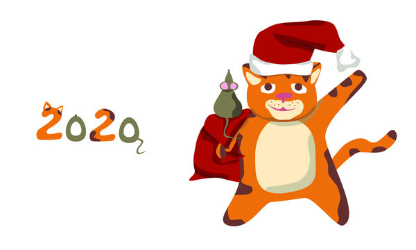 cute Santa cat carries gifts in a bag and says Hello. mouse symbol of 2020 new year. digits of the year. Christmas flat illustration. use it as a postcard or design any subject. happy holiday.