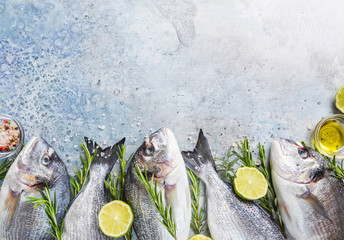 Fresh raw Dorado or sea bream with spices, herbs, lemon and salt over blue background Top view