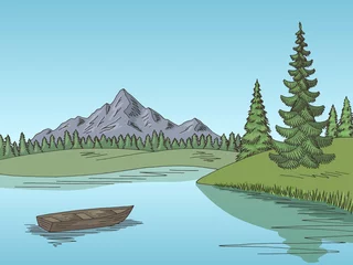 Foto op Aluminium Mountain lake graphic color landscape sketch illustration vector © aluna1