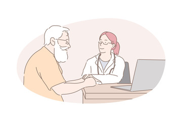 Healthcare industry, health examination, doctor advice concept. Old man receiving medical help, professional doctor consultation, friendly practitioner telling patient good news. Simple flat vector