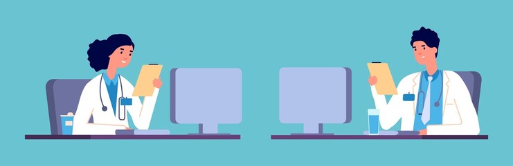 Doctors at work. Medical hospital staff people. Doctors in medic uniform vector illustration. Specialist woman and man work at computer