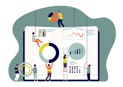 Collaboration concept. People insert charts into book, employees build business metrics. Cooperate and learn together vector image. Illustration business people teamwork, together work team