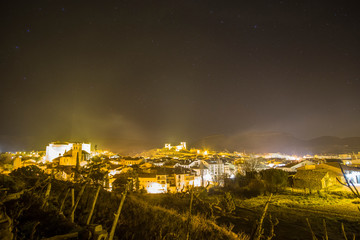 Mora de Rubielos Teruel Aragon Spain on February 2019. Nightscape of the medieval village.