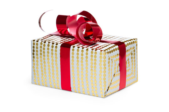 Christmas present gift box with red ribbon and bow isolated on white