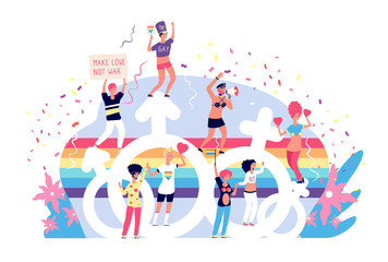 Love parade. Rainbow lgbtq pride activism and bisexual laws. Gay, lisbians and trans happy holiday event vector concept. Illustration parade gay and lesbian, freedom lgbt pride