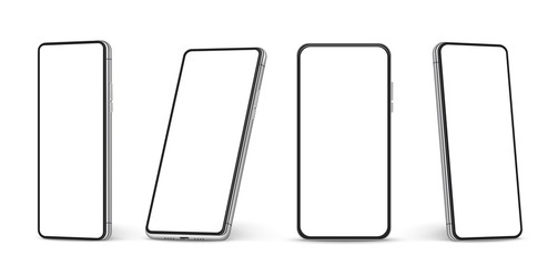 Realistic smartphone mockup. Cellphone with blank white screen, mobile phone in different angles of view Vector 3d isolated template. Illustration smartphone screen, phone blank