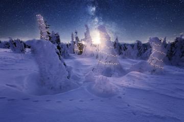 Lichterketten schmücken zur Weihnachtszeit die Schnee bedeckten Bäume auf dem Brocken im Harz