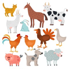 Farm animals. Cow, horse and rabbit, dog and turkey, sheep and pig, cock and chicken, goat and cat, goose vector cartoon isolated set. Illustration cow and pig, rabbit and goat, horse and turkey
