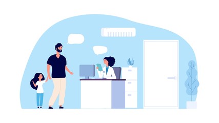 Medical assistant concept. Hospital office. Father and daughter talk with administrator in clinic. Hospital staff and patients vector character. Illustration healthcare assistance and reception clinic