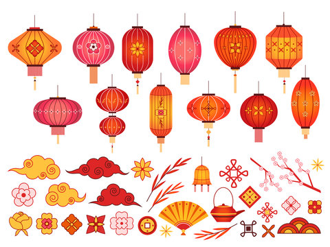 Chinese new year elements. Asian lantern, japanese cloud and sakura branch. Traditional korean flower and pattern. Festive 2020 vector set. Illustration chinese lantern and traditional decoration