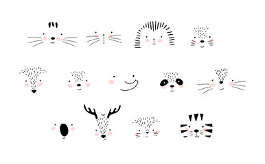 Collection of cute animal faces. Details of the portrait, nose, eyes, mustache, mouth. Universal elements for baby design. Doodle vector illustration isolated on white background