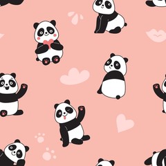 Panda seamless pattern. Happy cute flying panda bears, adorable chinese wild zoo animals. Colorful childrens cartoon vector texture. Illustration bear and panda, pattern background animal