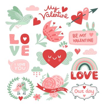 Fototapeta Valentines day scrapbook. Bird with red heart, flowers and love inscriptions, cute rabbit stickers. Vector decorative design elements. Love and heart, celebration romance day illustration