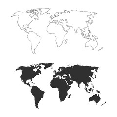 World map. Earth, monochrome black white map template for web site, app, inphographics. Globe similar worldmap flat silhouette, shape. Travel worldwide backdrop. Vector background isolated on white