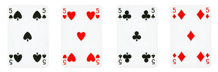 Four Playing Cards Isolated on White Background, Showing Fives from Each Suit - Hearts, Clubs, Spades and Diamonds