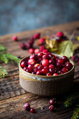 Cranberries in a handmade bowl on rustic wooden background.