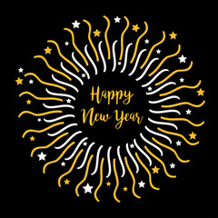 Happy New Year. Fireworks decoration. Star sparkle set round frame. Cracker light. Golden color. Festive firecracker burst. Flat design. Gold and white. Black background.