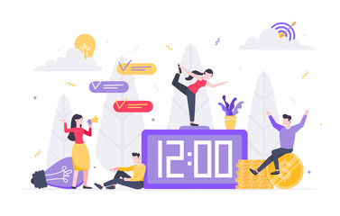 Tiny people characters working together with clock, character people and money symbol. Teamwork and time management concept flat style design vector illustration isolated white background.