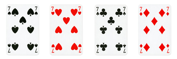 Four Playing Cards Isolated on White Background, Showing Eights from Each Suit - Hearts, Clubs,...