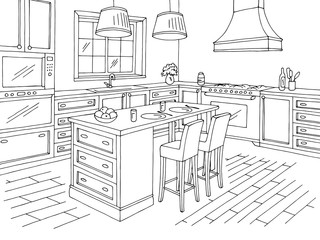 Fototapeta premium Kitchen room graphic black white home interior sketch illustration vector