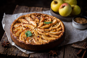 Homemade delicious fresh baked rustic apple pie on dark background - obrazy, fototapety, plakaty