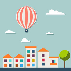 Real Estate Card With Colorful Houses, Clouds, Hot Air Balloon