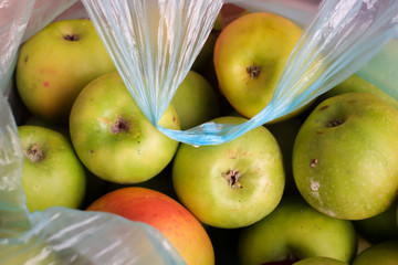 Group of ripe green organic apples in plastic bag, top view