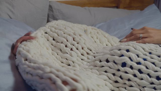 Sleepy Tired Attractive African American Female Pulling Woolen Blanket Over Her Head During Bedtime At Night. Lovely Exhausted Woman With Sleep Disorder Covering Her Face With Duvet While Lying In Bed