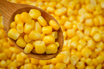 yellow canned corn in wood spoon closeup