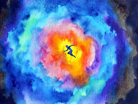 power mind human jumping in abstract spiritual universe art watercolor painting illustration design hand drawing