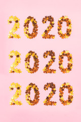 2020 new year lined with numbers from golden glowing stars on a bright pink background. Collage of three identical numbers. Top view, flat lay.