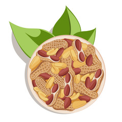 Cartoon color vector peanut set with leaves and peanut butter