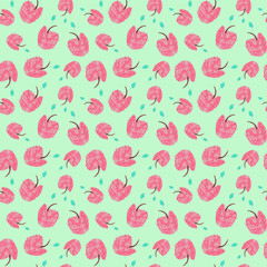 Children's drawing style, red apples seamless pattern on a green background. Design for fabric, wallpaper, baby room, packaging, paper, print. Color design.
