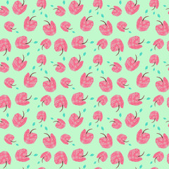 Children's drawing style, red apples seamless pattern on a green background. Design for fabric, wallpaper, baby room, packaging, paper, print. Color design.