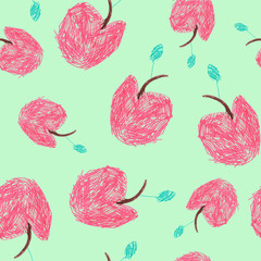 Children's drawing style, red apples seamless pattern on a green background. Design for fabric, wallpaper, baby room, packaging, paper, print. Color design.