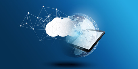 Cloud Computing Design Concept - Digital Connections, Technology Background with Earth Globe, Tablet PC Device and Geometric Network Mesh