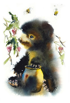 Bear with pot of honey. Raspberry bushes. Watercolor hand drawn illustration