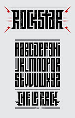 Rockstar - original font. Suitable for t-shirt prints, headlines, poster designs. Full set of letters. Vector illustration.