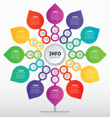 Business presentation or info graphics concept with 12 steps and 24 icons. Template of development tree. Diagram looks like Flower. Annual report is segmented into twelve months.