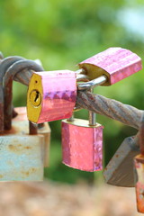 three key cover with pink sticker and many old rust key lock with rust iron fence on green blur background