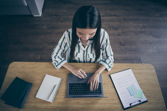 Top above high angle view photo of journalist processing all the collected data and interviews to write an article about events that recently occured