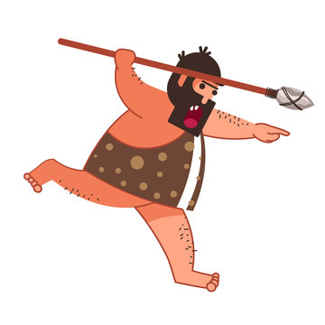 Caveman Hunting And Making Fire, Primitive Man With Weapon