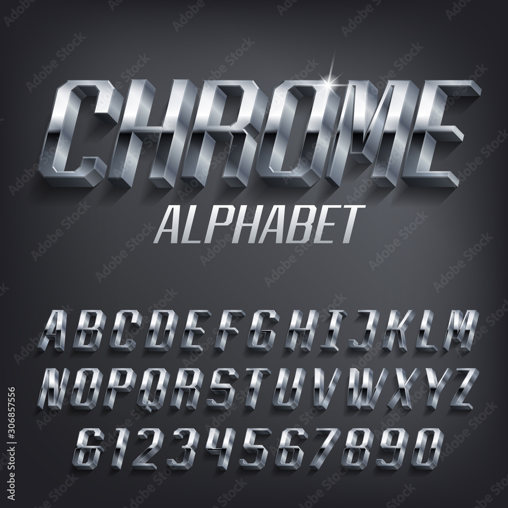 Fototapete chrome alphabet font. 3d effect geometric metallic letters and numbers with shadow. stock vector typ